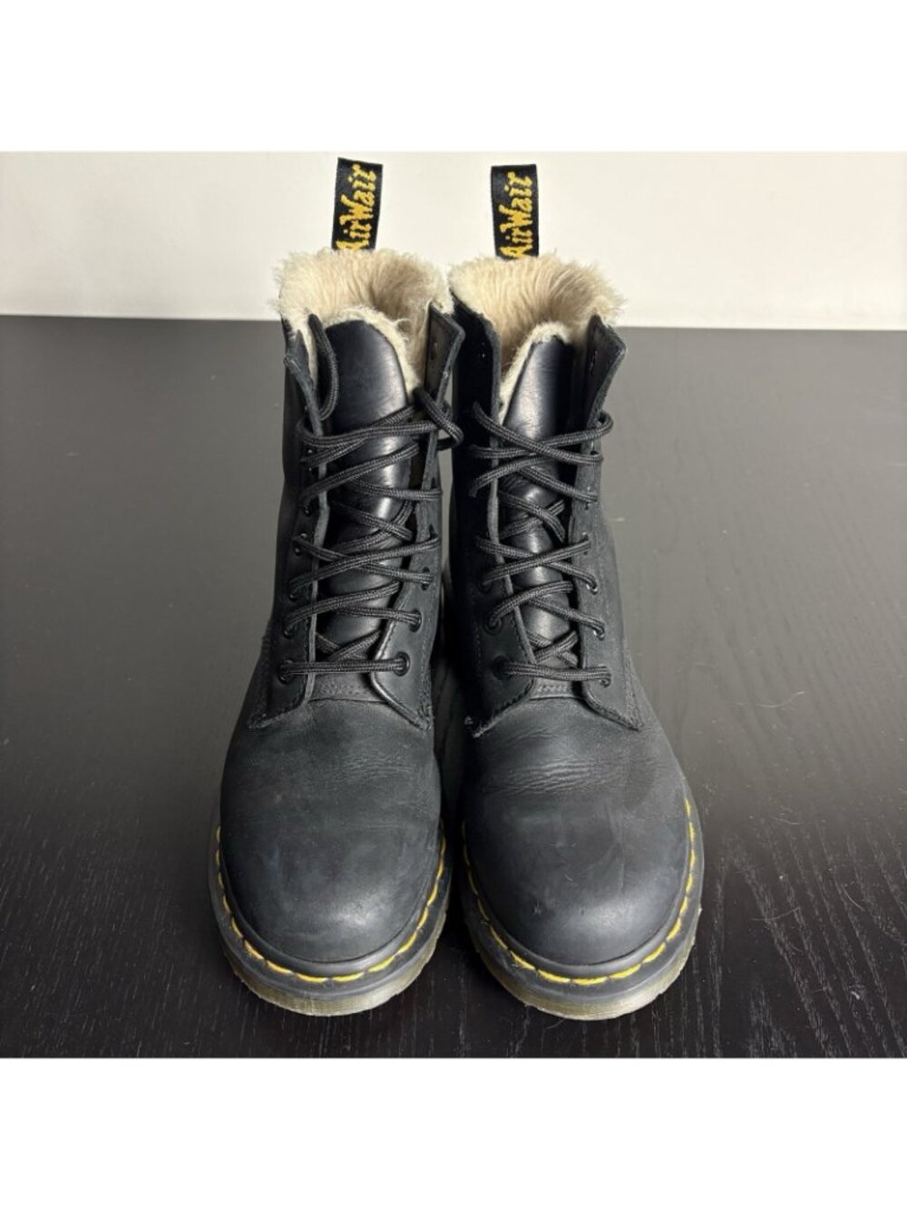 Dr. DOC MARTENS Womens Size 7 Serena Black Leather Combat Boots Faux Fur Lining - Picture 3 of 8